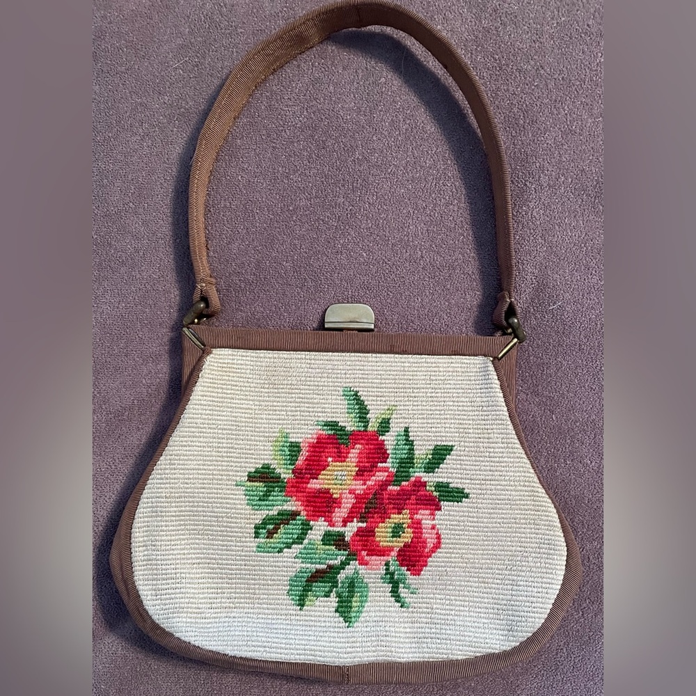 Vintage Floral Embroidered Brown and Cream Handbag - Picture 4 of 16